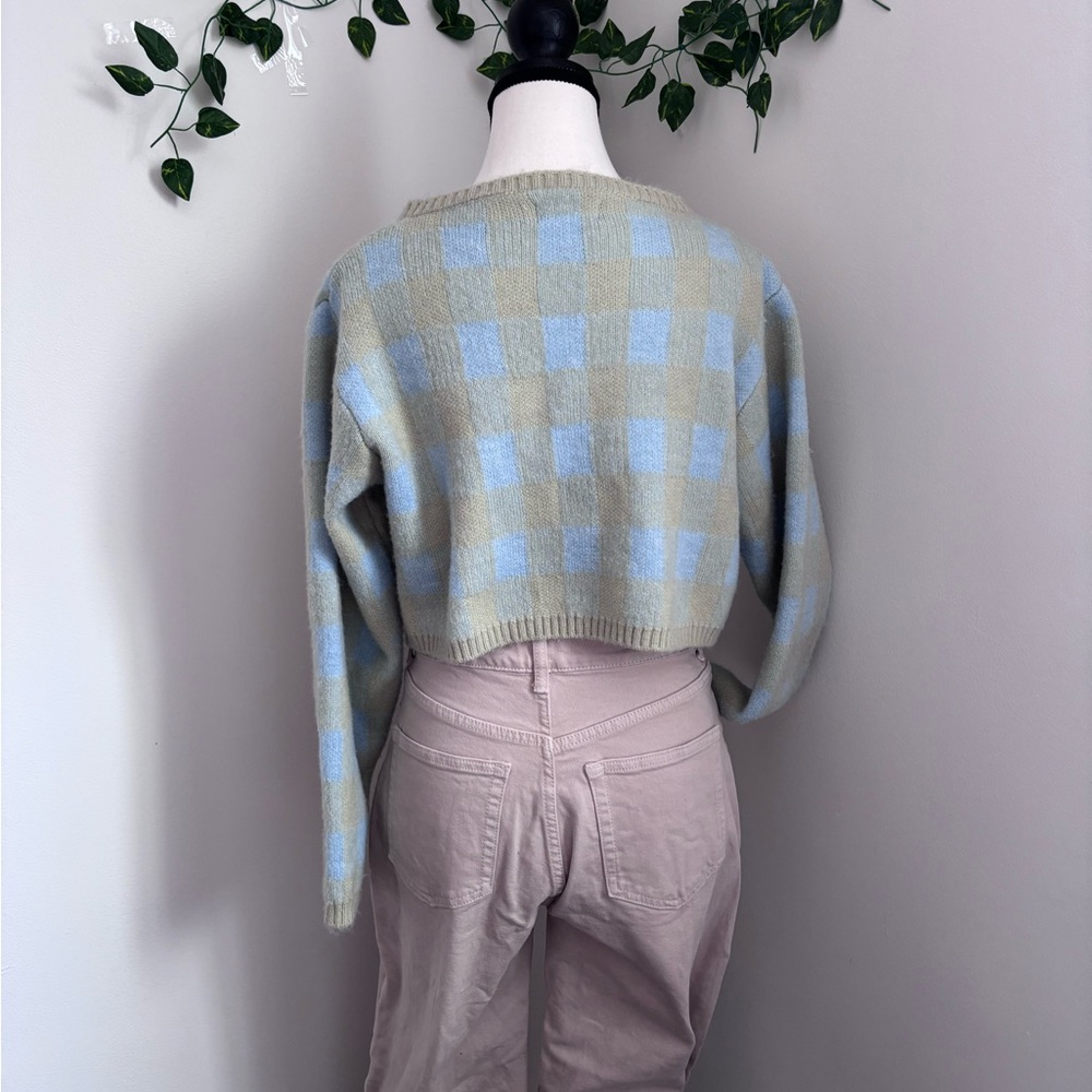 OAK + FORT Women's Long Sleeve Cardigan Sweater - Green, blue Plaid, Cropped - Picture 5 of 9